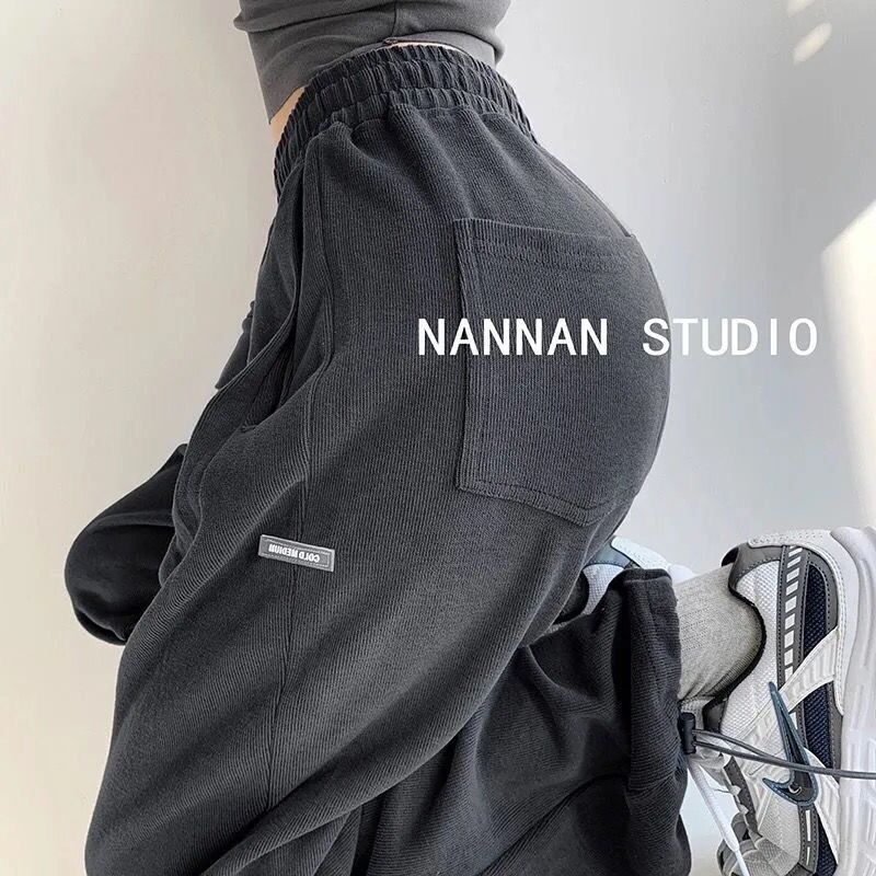 Fried Street American Letter Loose Sports Pants Women's Casual Pants Autumn and Winter Grey High Waist Straight Pants Instagram Style Trendy