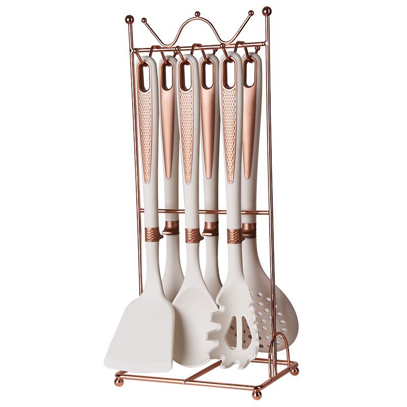 Nuevo conjunto de utensilios de cocina de silicona de 7 piezas con marco de almacenamiento antiadherente conjunto de cocina de silicona, cocina de silicona de lujo ligera