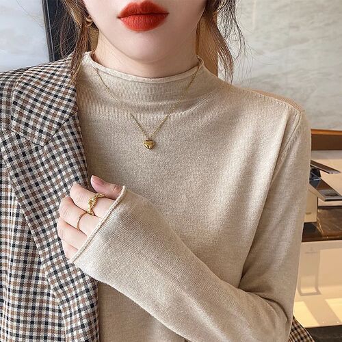 Women's Semi-High Collar Crewneck Top for Autumn/Winter with a Touch of Luxury - New  Model, Knit Top with a Medium Collar