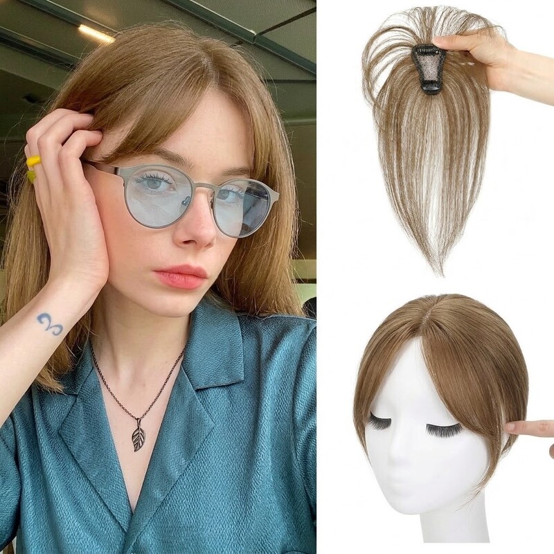 Real human hair 3D middle-parted wavy hairpiece for women, summer lightweight French bangs, real human hair top hairpiece