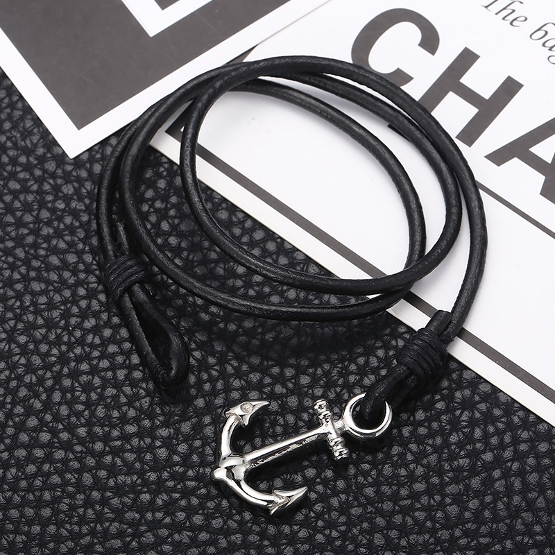 Woven Chain Chain Type Punk Simple Style Anchor Stainless Steel Cowhide Plating Men's Bracelets Men Cord & Leather Bracelets