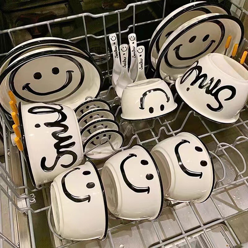 Ins Smiling Face Bowl and Plate Set Household Ceramic Rice Dishes Tableware One Person Eating Bowl Plate Noodle Soup Bowl and Chopsticks