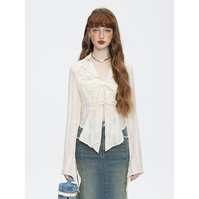 Women's Shirt with Unique Design, 2026 Spring New Stylish White Blouse with a Spicy Vibe, Tie-Up Chiffon Top