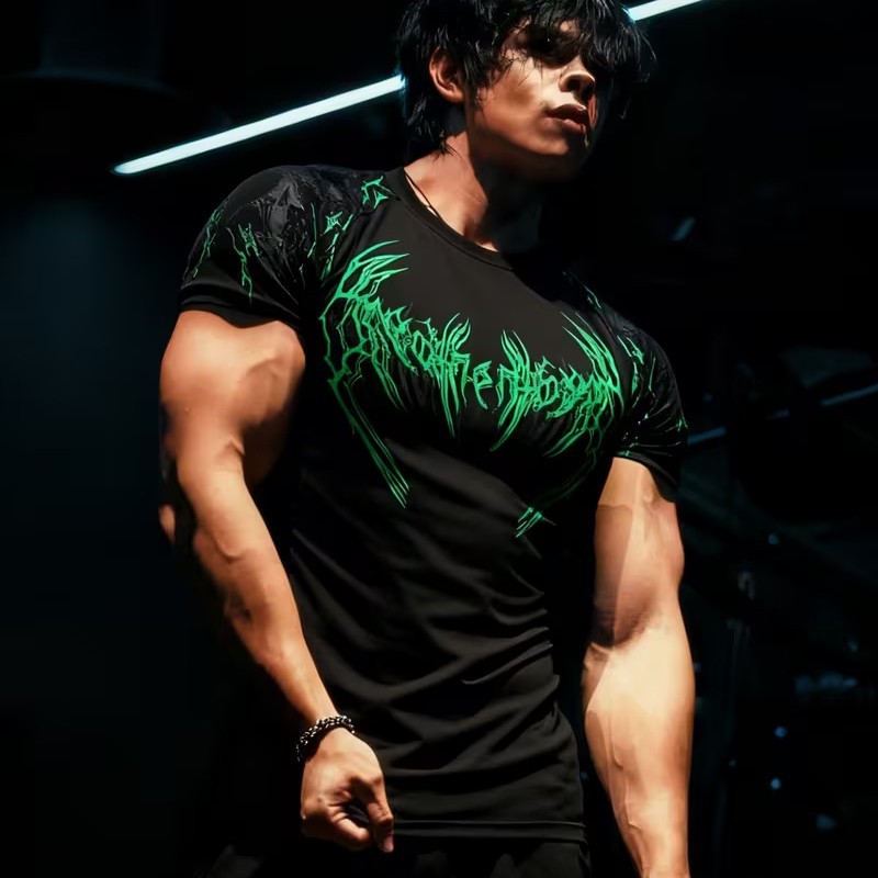Men's American High Street Dark Style Flame Thorn Print Short-Sleeved T-Shirt Tight-Fitting Fitness Wear Quick-Drying Sports Top