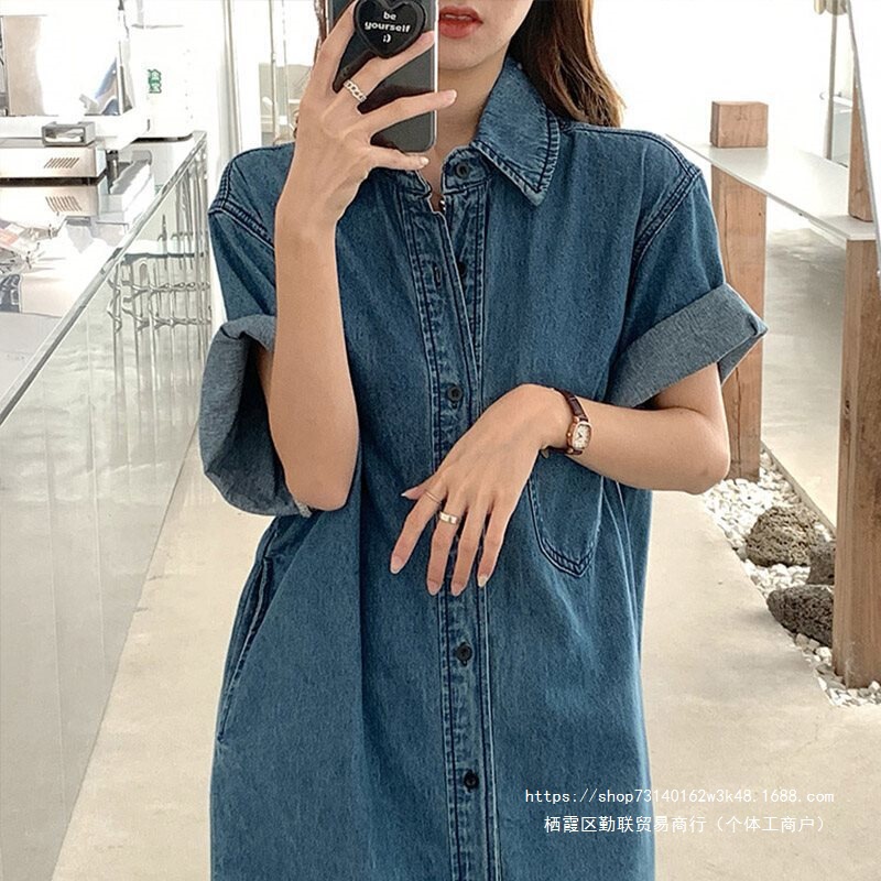 Korean Style Short-Sleeved Loose Large Size Denim Shirt Dress Women's Mid-Length Slim Dress Spring and Summer Tall Long Skirt