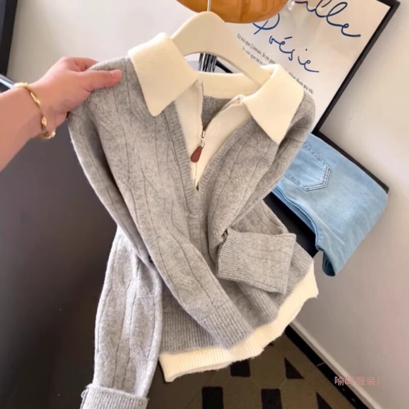 Spring and Autumn Style Half-Zip Faux Two-Piece Gray Sweater for Women with a Turn-Down Collar, Suitable for Outerwear or Layering, Knitted Top, Jazz-Style Top Spring and Autumn Style Half-Zip Faux Two-Piece Gray Sweater for Women with a Turn-Down Collar, Suitable for Outerwear or Layering, Knitted Top, Jazz-Style Top