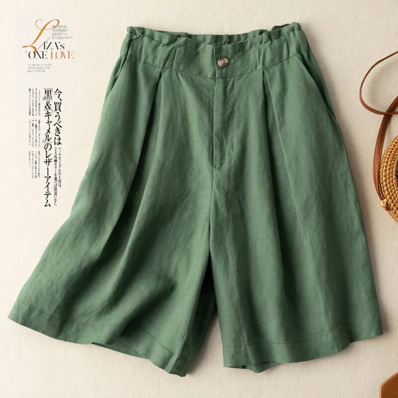 Cotton Linen Thin Shorts Women's Summer Loose Buckle Waist Wide Leg Pants Women's Korean Style Loose Large Size Casual Pants