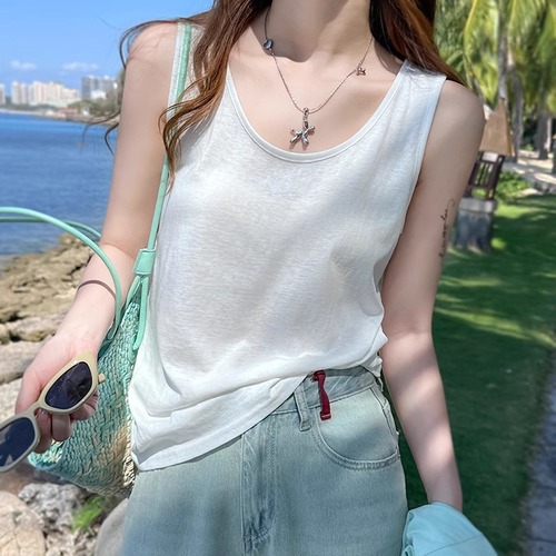 2025 Summer Plain Strappy Backless Top Snowflake Cotton Innerwear Outerwear Stylish Thin Sheer Cotton Linen Sleeveless Top for Women