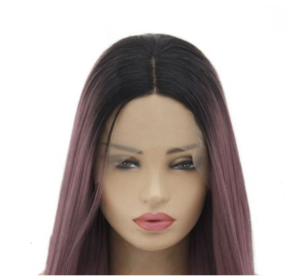 Peluca de moda, gradiente negro, púrpura mixto, pelo liso de longitud media, casco de encaje delantero de fibra química, spot al por mayor LW0099