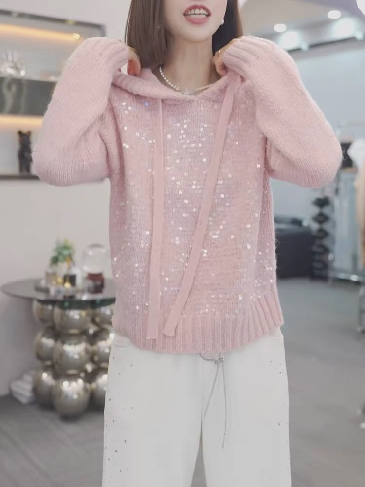 Women's Clothing light luxury sequined hooded sweater autumn and winter high end temperament versatile warm long sleeved knitted sweater women's trend_voghion.com