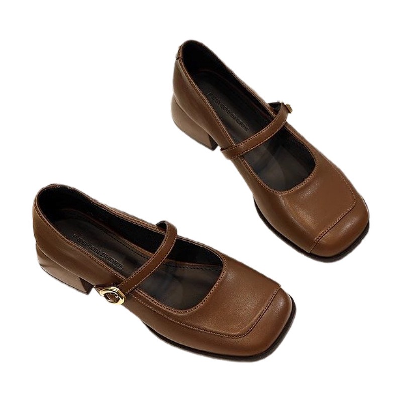 Cuero suave retro francés con zapatos Mary Jane para mujer de tacón grueso estilo británico zapatos de cuero de tacón medio negro zapatos de punta cuadrada