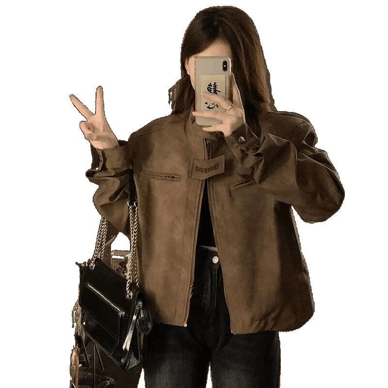 アメリカの高街のレトロな茶色の機関車のスエードの服のジャケットの女性の秋の短いタイプの美ラードの立襟は古いコートのファッションをします。