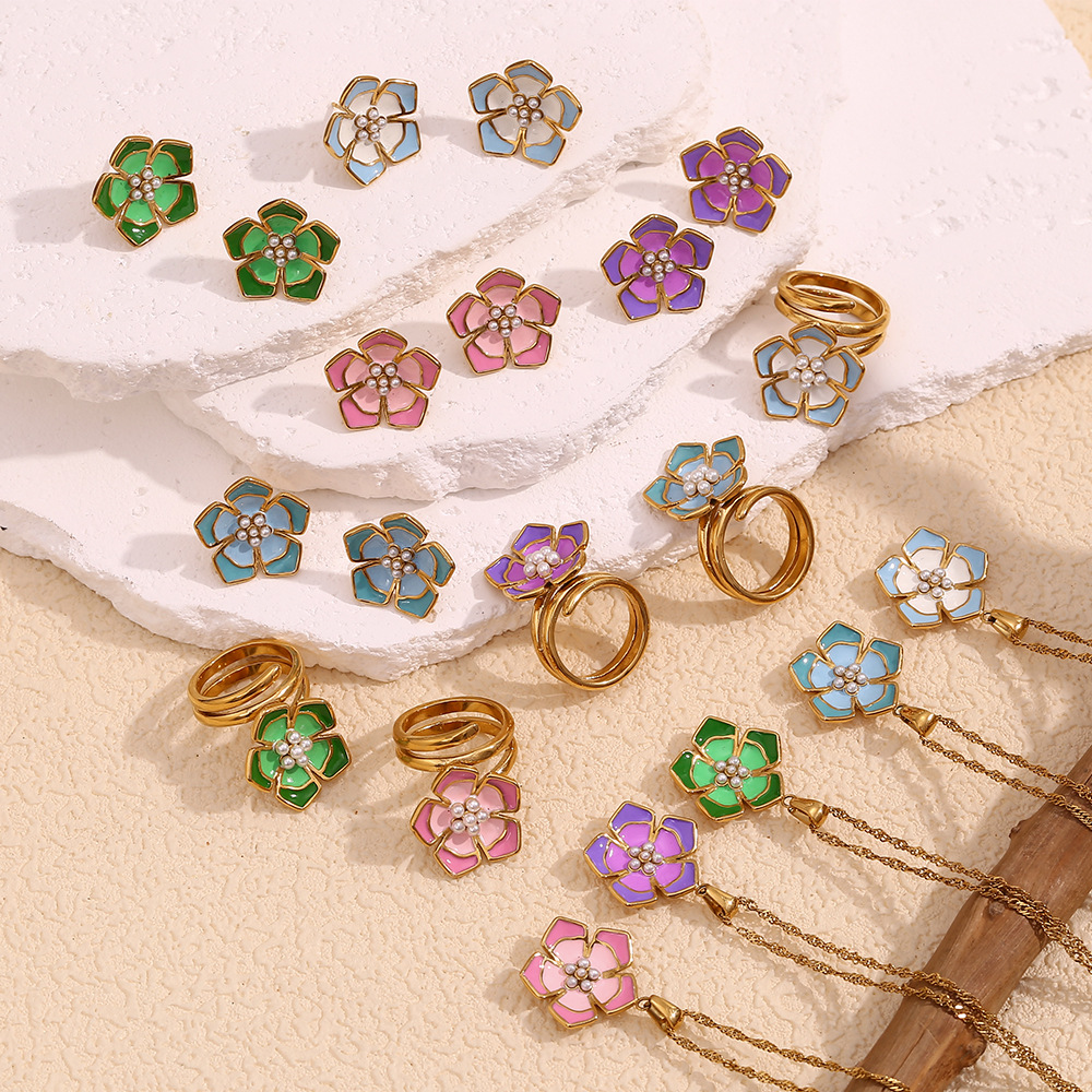 Pearl Colored Drop Oil Petal Necklace Earrings Ring Sets