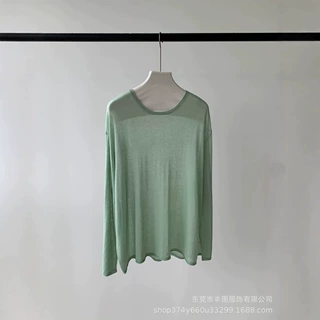 夏季醋酸棉罩衫微透外穿防晒衫轻薄圆领长袖百搭休闲针织上衣女士