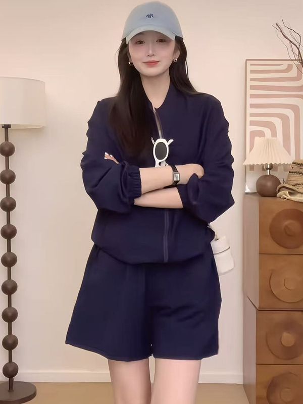 韓国のシンプルなファッションスーツ女性のための 2025 夏の新しいリネン長袖ジャケット日焼け止めシャツ + ショーツ 2 点セット|undefined