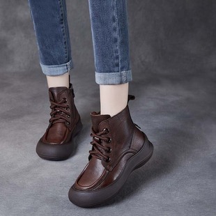 With First-Layer Cowhide Retro Soft-Soled Short Boots for Autumn and Winter New Versatile High-Top Women's Boots Winter Velvet Women's Leather Boots