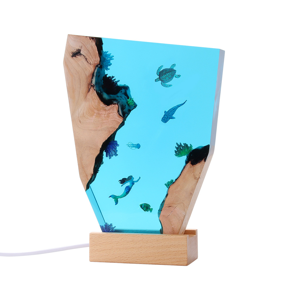 Mermaid and Jellyfish Ocean Micro Landscape Resin Night Light Epoxy and Wooden Ornaments Creative Gift