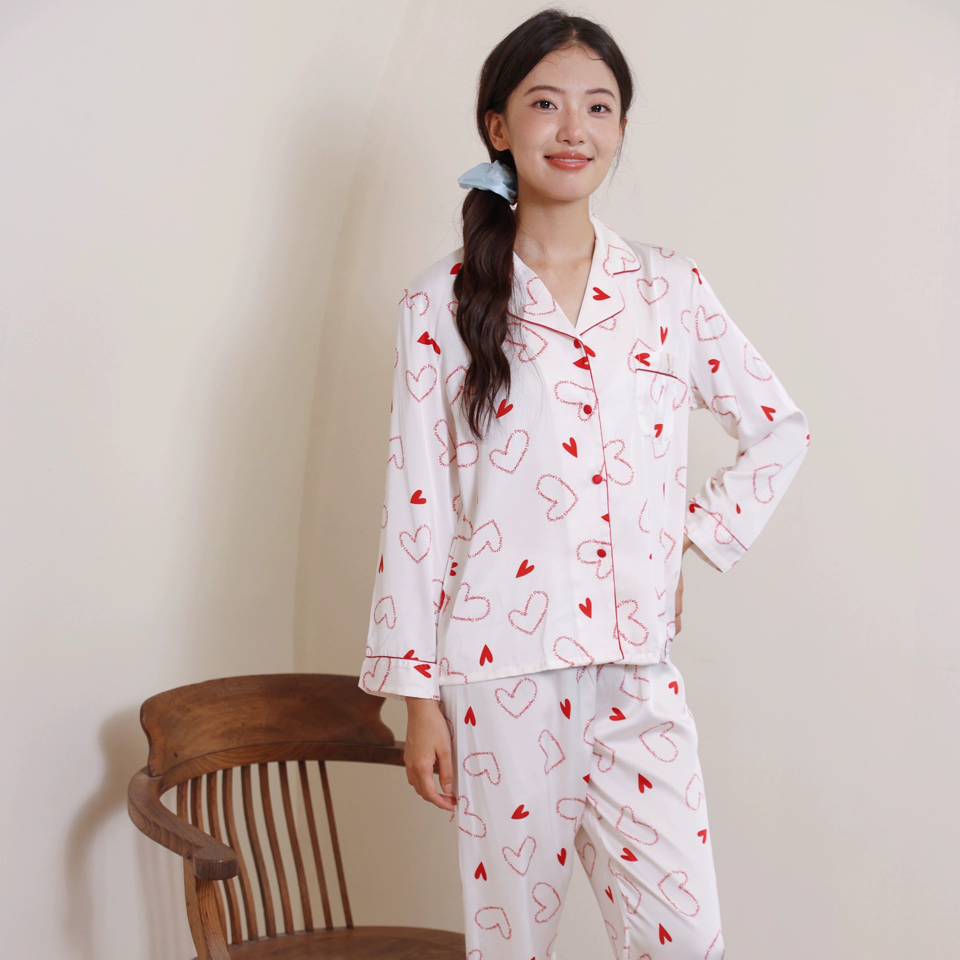 Yang Ying пижама в том же стиле для женщин, весна и осень, ледяной шелк, любовь, милая домашняя одежда в стиле интернет-знаменитостей, костюм из двух предметов, звезда