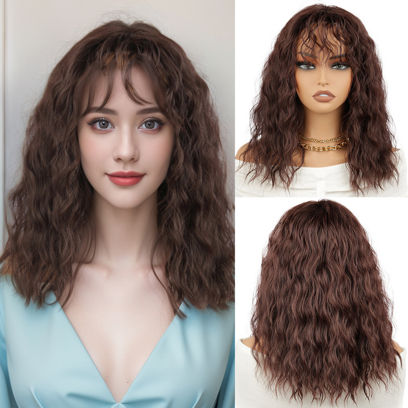 African small roll neat bangs wig women's cross-border wool roll brown silvery white black mechanism full head cover factory wholesale