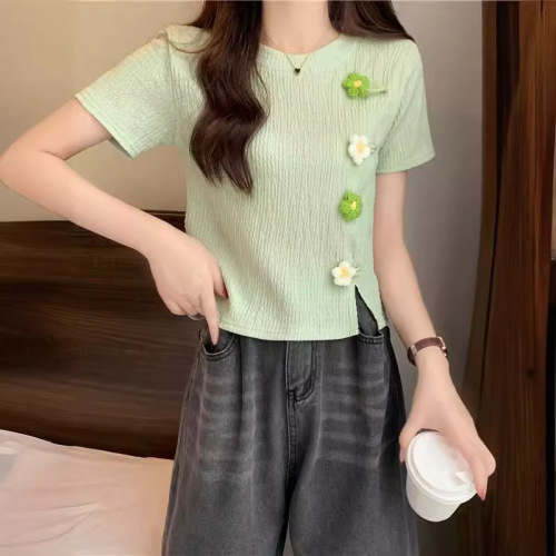 Patchwork Floral Short-Sleeve Knit Top for Women | Summer, Slim-Fit Design, Niche & Unique Cropped Split-Edge Style