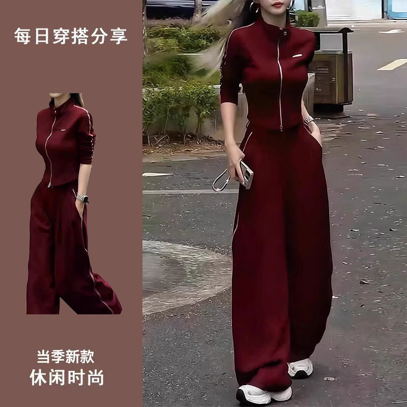 Cool and Sassy Casual Sports Suit Spring and Autumn New High-End Style Red Jacket Wide-Leg Pants Two-Piece Women's Suit