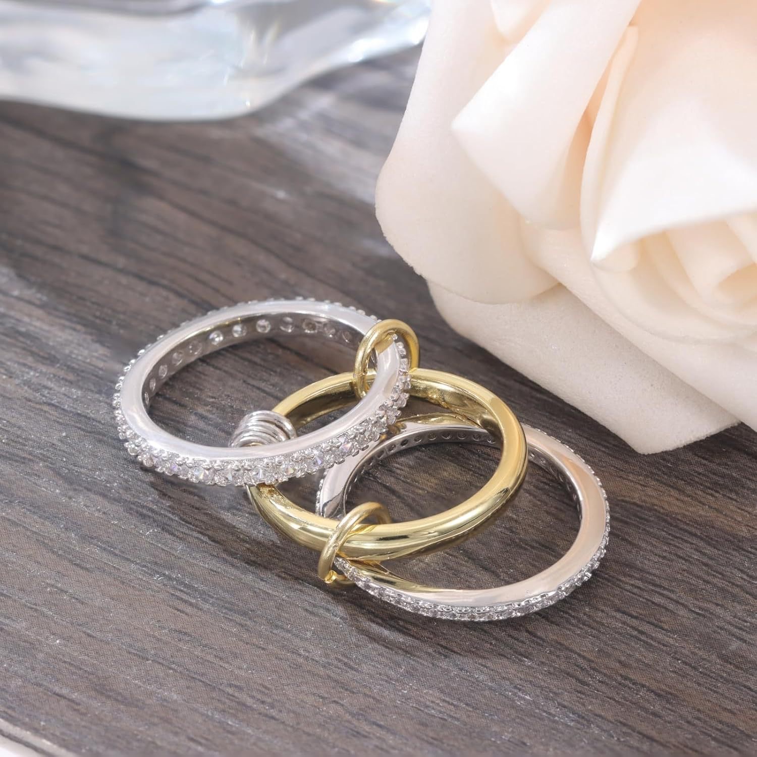 Daily Occasion Wholesale Jewelry Vintage Style Geometric Titanium Steel Copper Zircon Mixed Metal Plating Rings