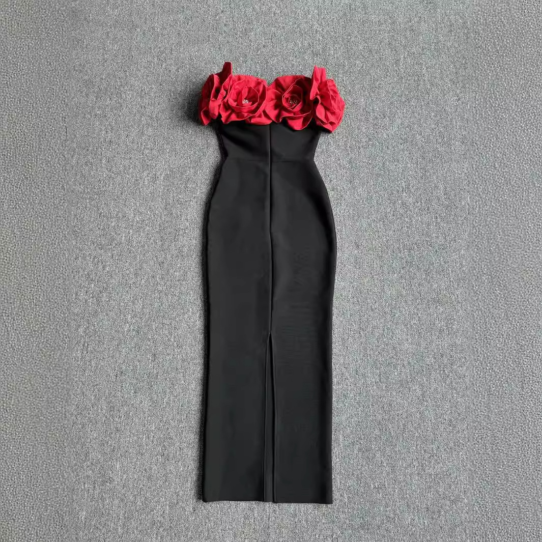 Women's Clothing Red Fashion Large Flower Slim Tube Top Sleeveless Tight Casual Long Bandage Dress Evening Dress Women's Clothing_voghion.com