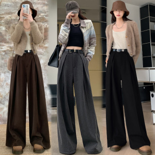 Real Shot Woolen Wide Leg Pants Women's 2024 Autumn and Winter High Waist Woolen Casual Pants Mopping Straight Pants with Belt