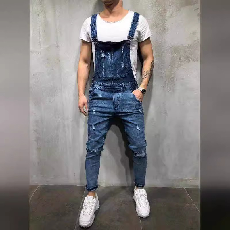 Comercio exterior europeo y americano Denim rasgado pantalones de hombre transfronterizo en stock estación europea nuevos hombres overoles ventas directas de la fábrica