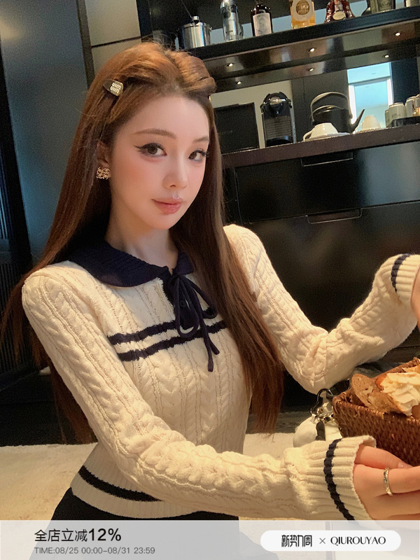 邱肉瑶 Miu系气质麻花蝴蝶结针织衫女秋季新款学院风休闲上衣|undefined