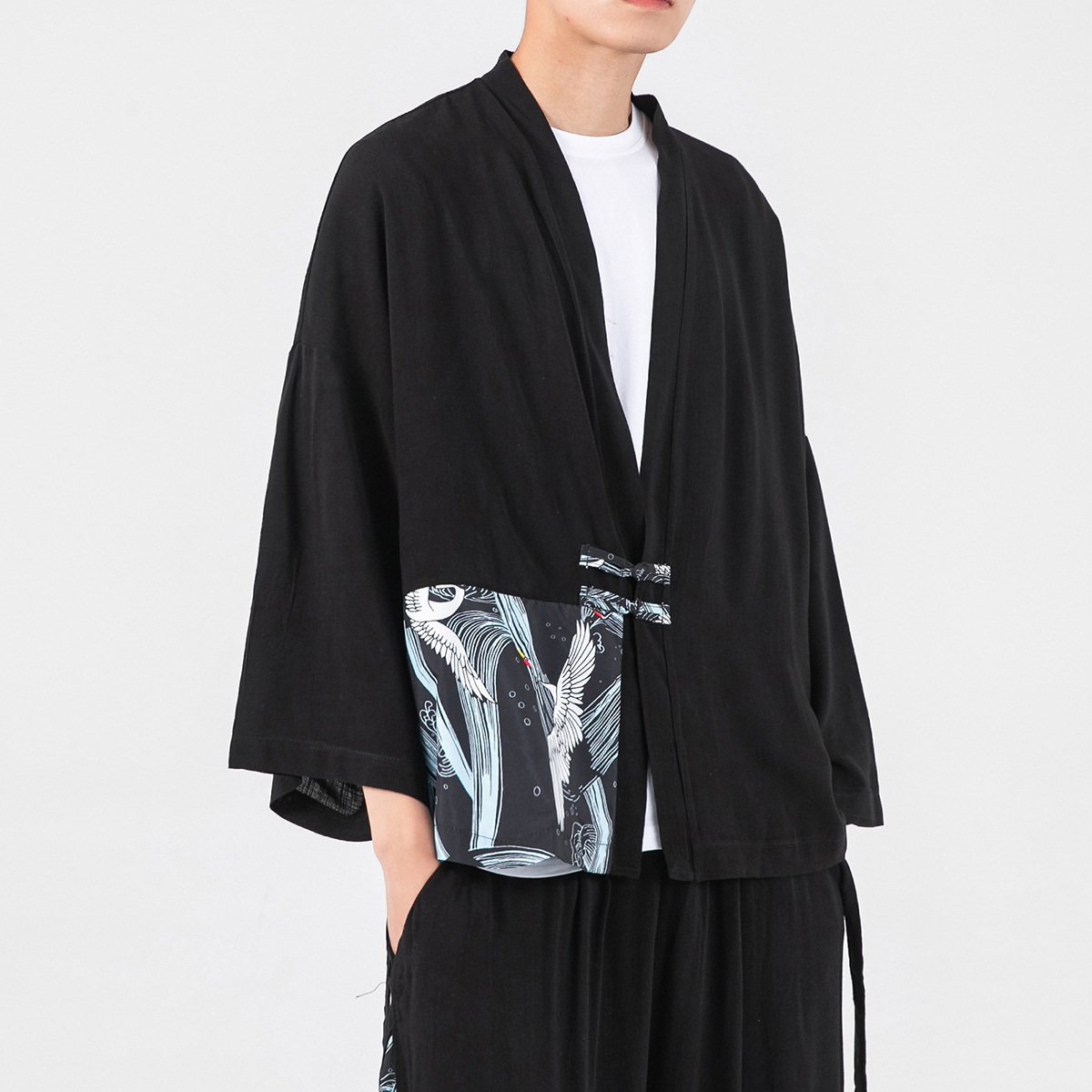2023 Summer Plus Size Chinese Style Cotton Linen Crane Patchwork Button-Down Shirt Jacket, Taoist Robe, Lightweight Cardigan Jacket for Men