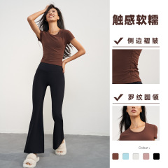 Nuls羅紋裸感夏季瑜伽服女修身顯瘦運動瑜伽短袖夏款透氣健身上衣