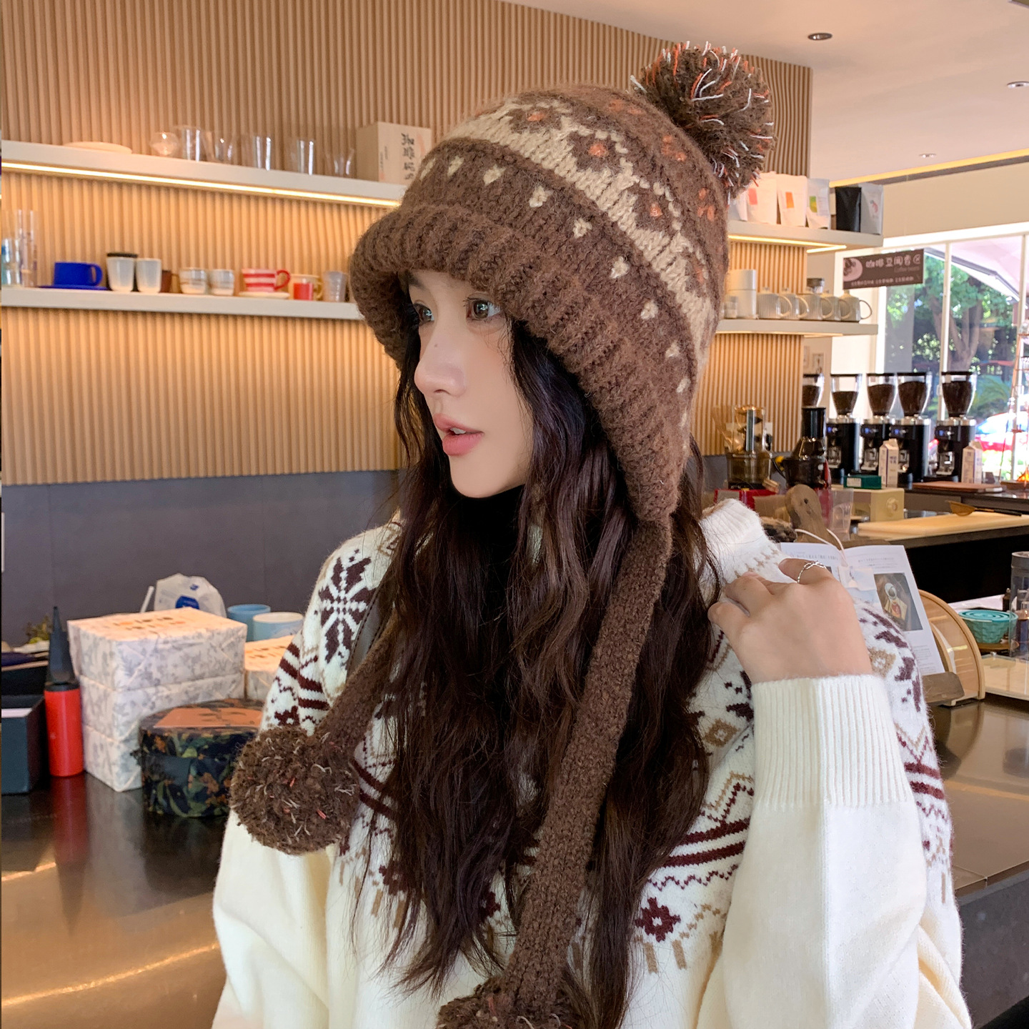 フェア島風毛糸帽子女子秋冬レトロ百合大頭囲保温ニット帽子顔小耳保護帽子