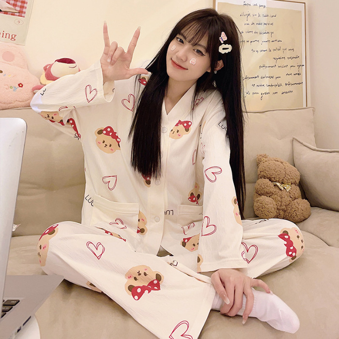 Sweet Girl pijamas mujeres de punto algodón ruffle Otoño Invierno manga larga pantalones y cuello cardigan inicio desgaste traje casual