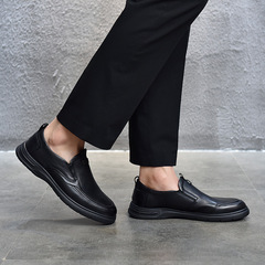 真皮新款正裝套腳皮鞋軟底圓頭中跟百搭中年爸爸鞋 皮鞋