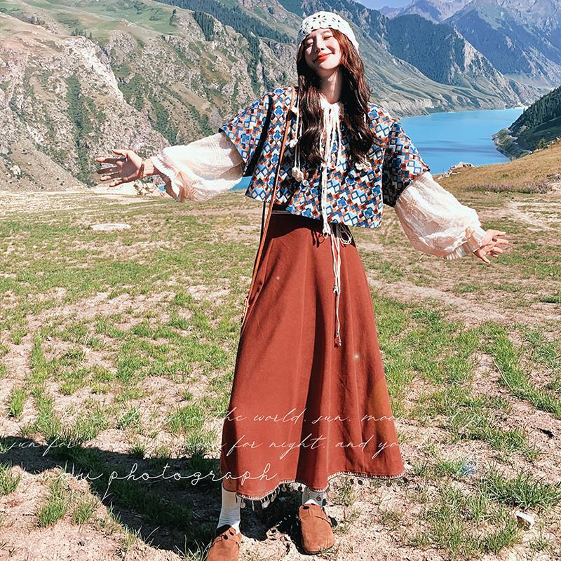 春秋流行衬衫半身裙套装民族风松弛碎花女感背心三件套感|undefined