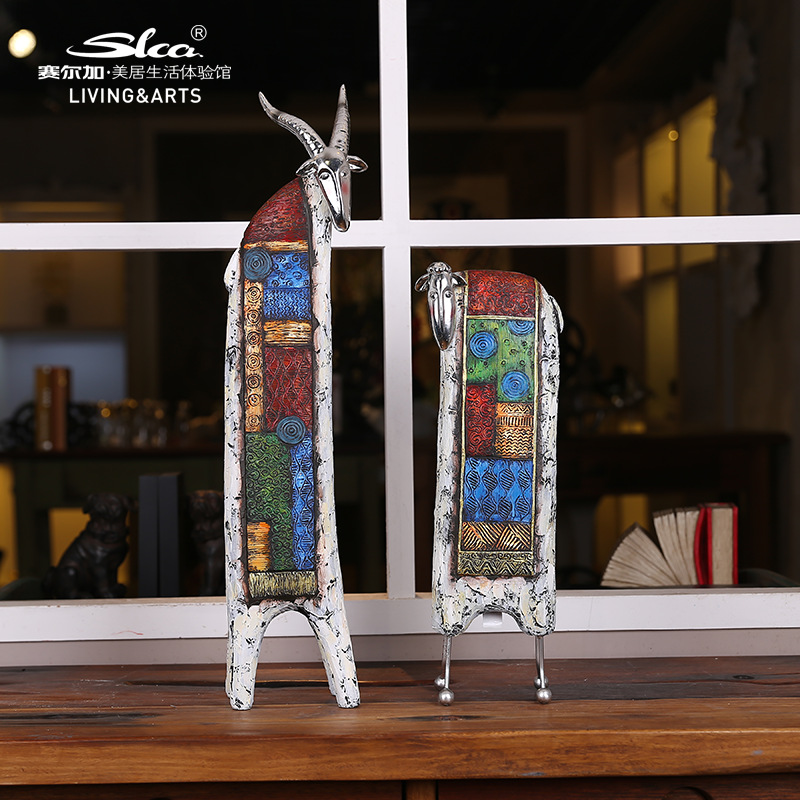 跨境代发油画羊动物摆件欧式酒店民宿创意饰品客厅桌面树脂工艺品