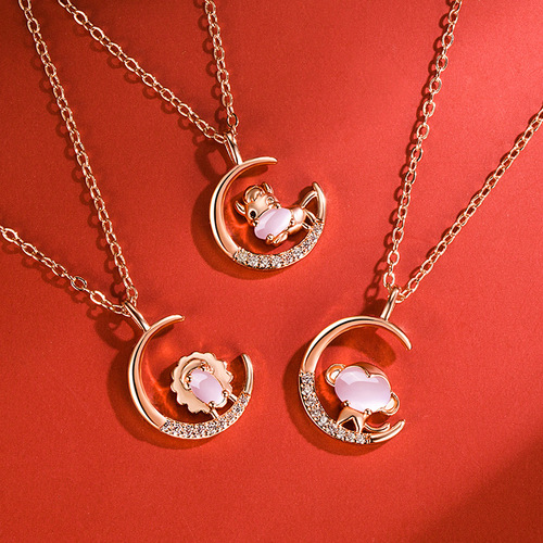 Korean version of hibiscus stone zodiac pendant for women rose gold diamond natal year zodiac pendant necklace fashion jewelry