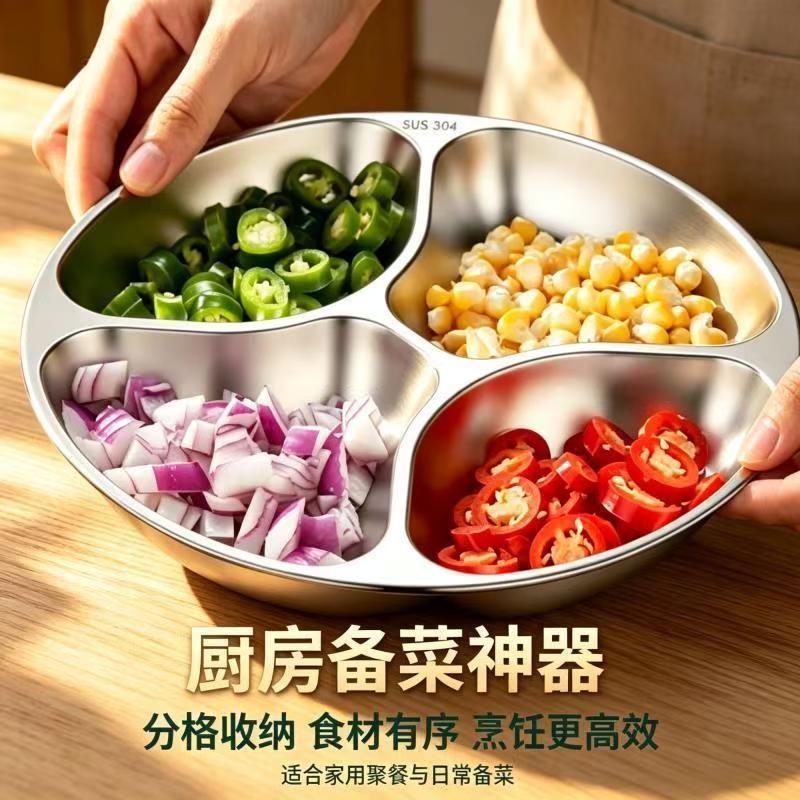 Stainless steel prep and side dish compartment tray, multifunctional kitchen hot pot ingredient tray for scallions, ginger, garlic, and side dishes