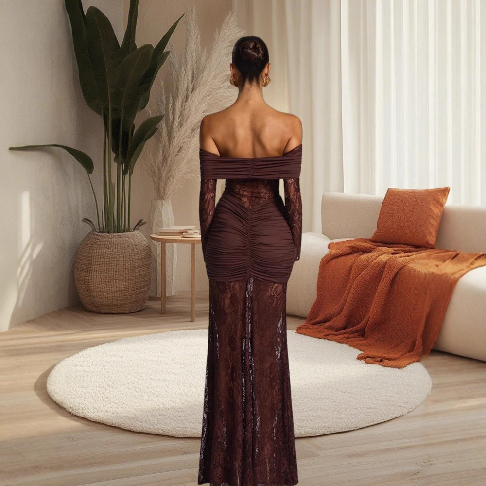 Off-Shoulder Mermaid Evening Dress – Sexy Cutout & Long Sleeve Bodycon Gown (S/M/L/XL, Beige/Brown, Elegant Prom Dress For Women)_ecoleips.com