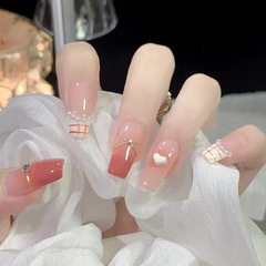 Plaid French Blush Smudge Gradient Color Nail Art Three-dimensional Love Glitter Diamond Wear Nails Wholesale