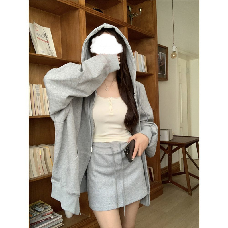 慵懒风连帽宽松长袖卫衣外套高腰半身短裙女2025秋季新款时尚套装|undefined