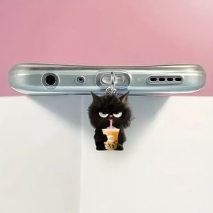Acrylic Milk Tea Dog Dust Plug, Neutral Mobile Phone Dust Cover with Shiny Pendant, Compatible with Type-C