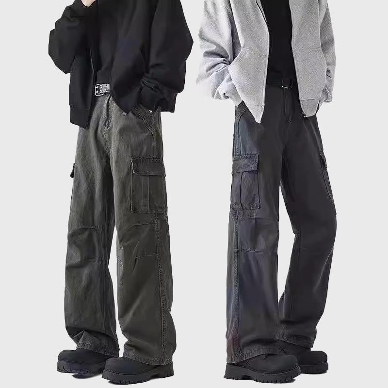 Gray Cargo Pants for Men 2025 Loose Wide-Leg Casual Pants Trendy Brand Multi-Pocket Outdoor Long Pants Men