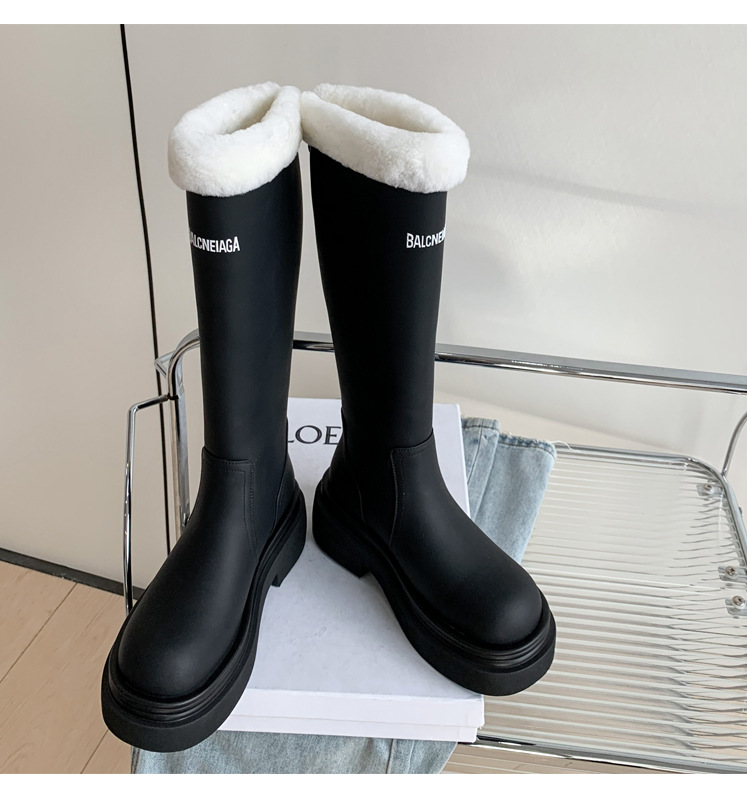 Boot nữ cổ cao lót nhung đế dày da bò giữ ấm mùa đông — Màu nâu ống lớn chi tiết 24
