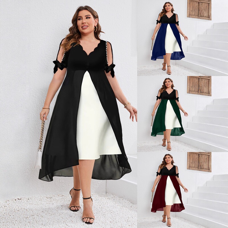 European and American cross-border color-blocking layered plus-size dress with wavy V-neck, beaded cold-shoulder short sleeves, slimming over-the-knee long dress