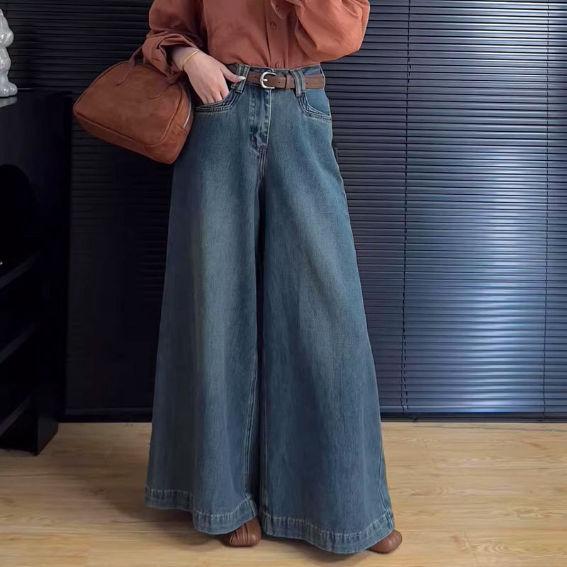ゆったりとした広い足のジーンズの女性の新型の小さい衆の腰のまっすぐな筒の大きいサイズのナシの形の復古の青いモップのズボンの秋|undefined