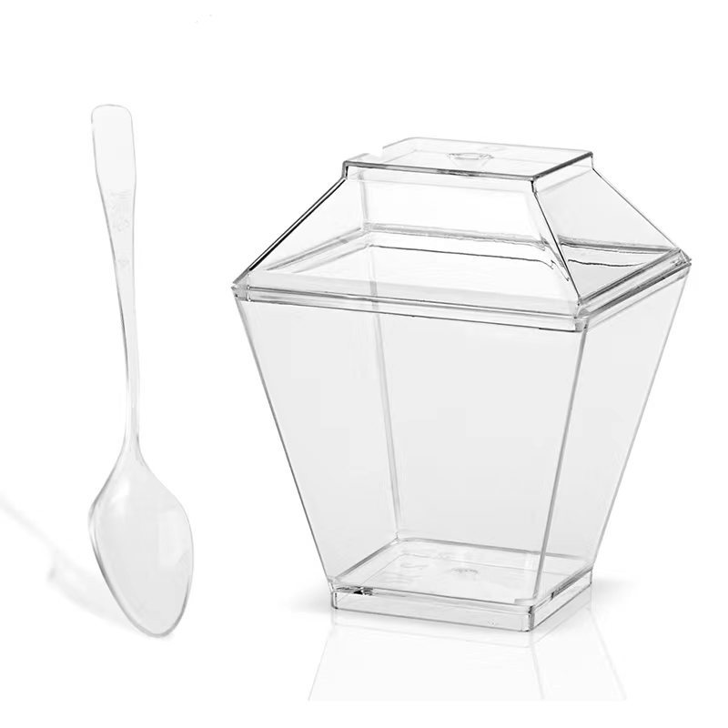 Traje 60ml taza de mousse cuadrada con tapa y cuchara 2oz taza de postre taza de pudín transparente de plástico duro en caja en stock