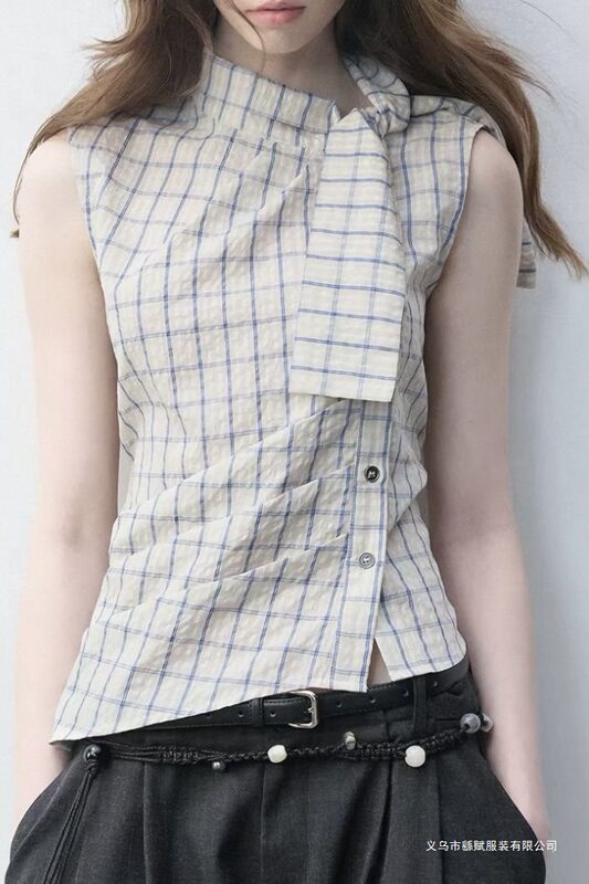 American-Style Plaid High-Neck Tie-Waist Top for Women, Summer New Slim-Fit Versatile Blouse for Women American-Style Plaid High-Neck Tie-Waist Top for Women, Summer New Slim-Fit Versatile Blouse for Women