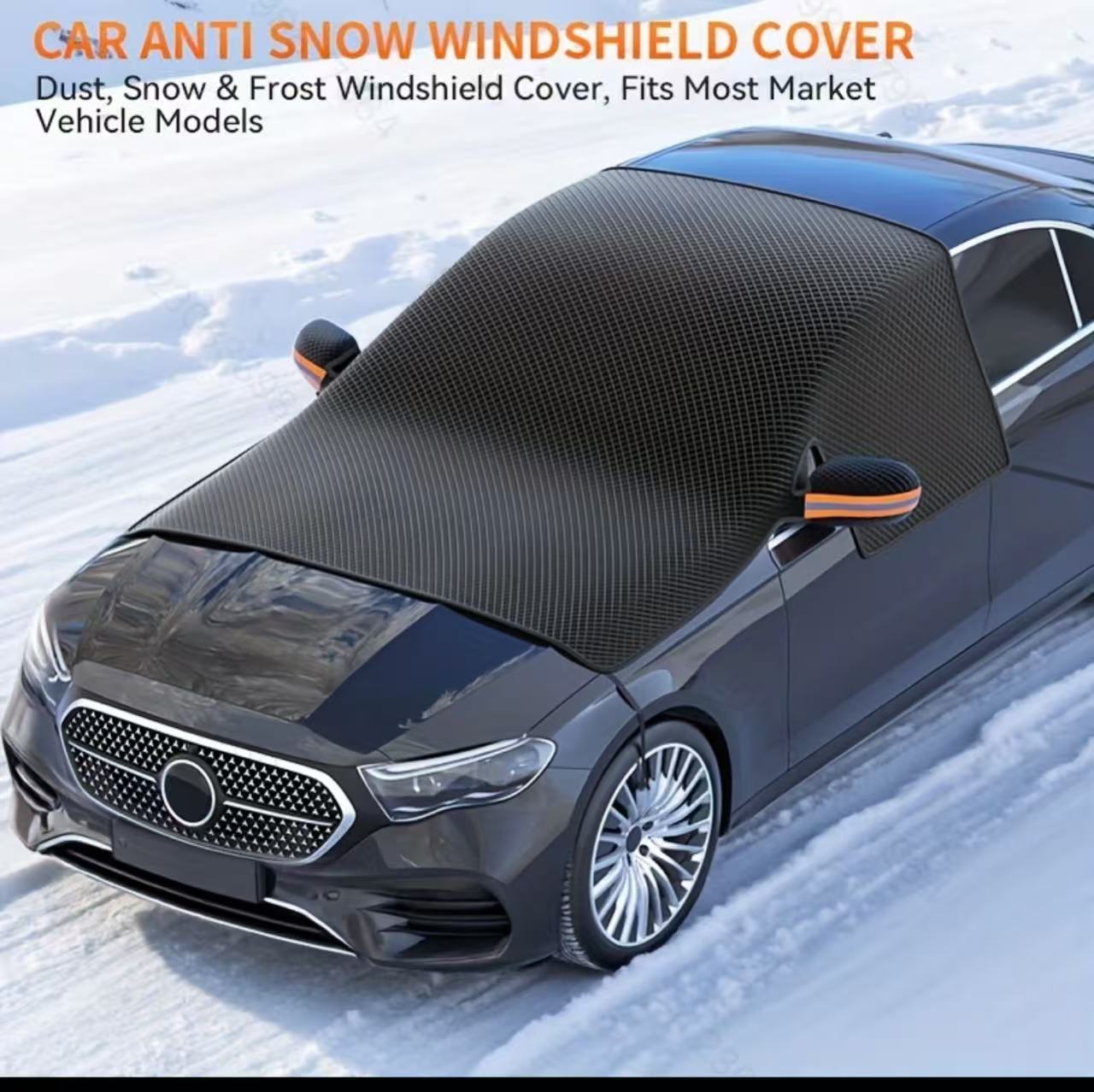 Qìchē Oxford Cloth Car Snow Cover Windshield Frost Protector Winter Car Cover (Car snow shield) - black-orange-reflective-strip-black-edge-frosted-drawstring-pocket-packaging